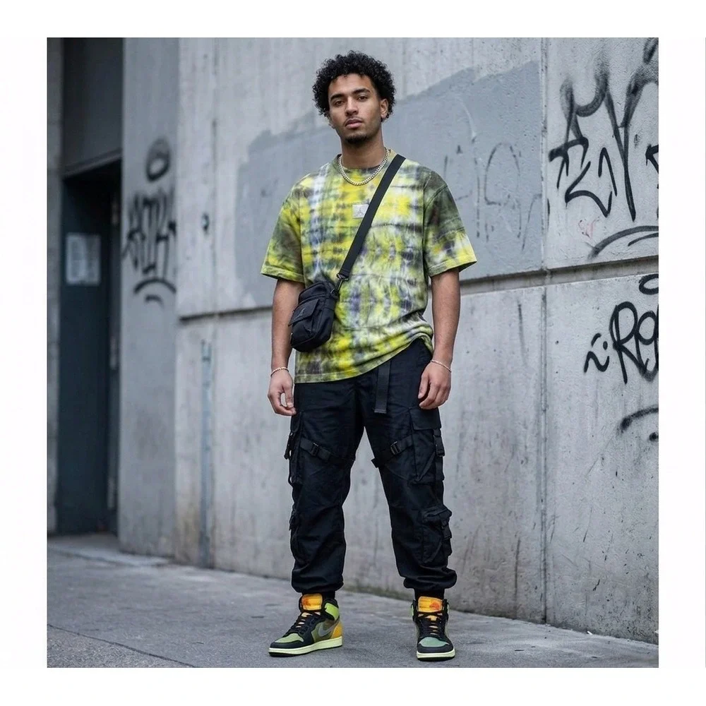 Jordan T-Shirt Mens XL Yellow Olive Tie Dye Flight Jumpman Logo CUSTOM OOAK